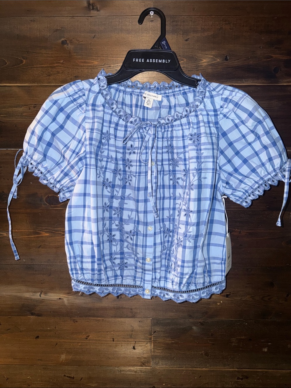 Blue Plaid Puff Sleeve Peasant Top